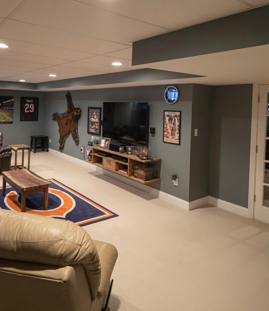 Basement television wall before the maple entertainment center was installed