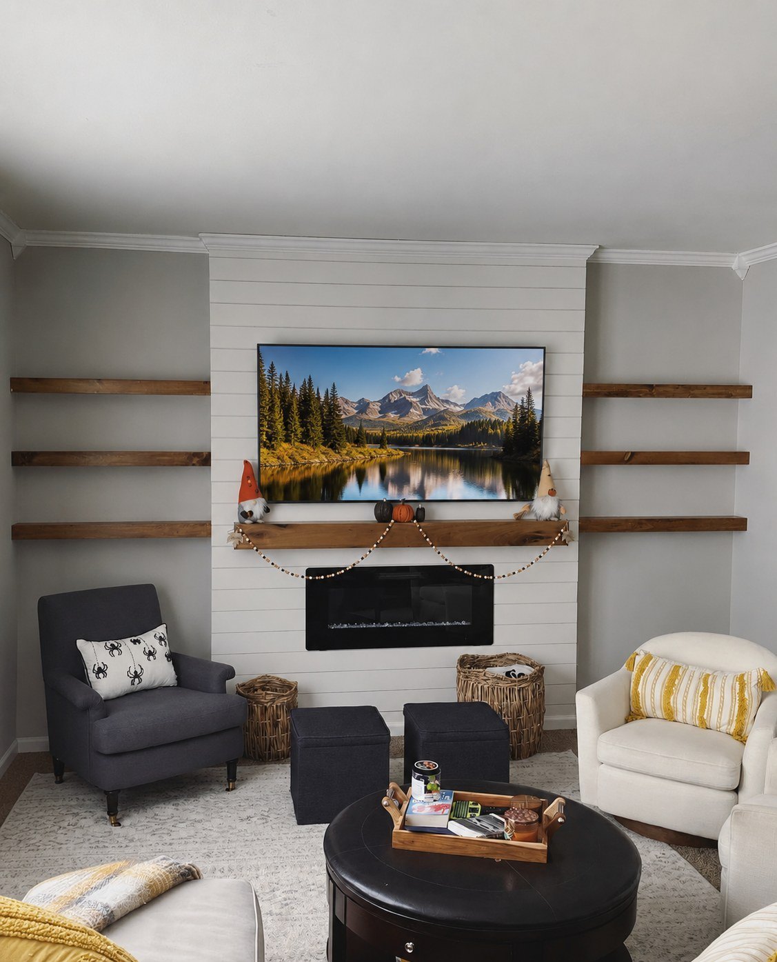 Shiplap fireplace wall with wood mantel and floating shelves
